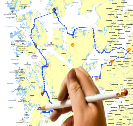 En enkel kartskisse over fjorder og skjærgård i Sunnhordaland med inntegnet rute for rotur.
